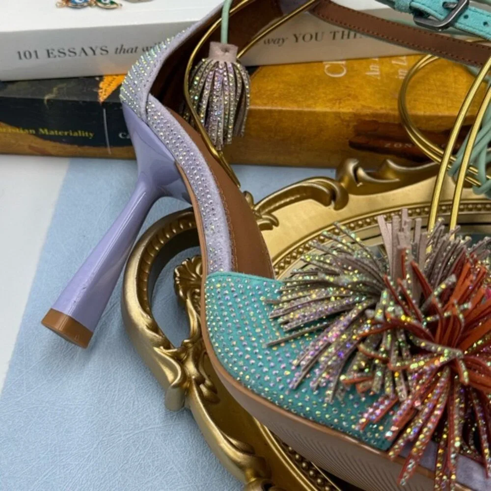🆕 KURT GEIGER LONDON 🧿 NWOB Lilac & Teal Pom Pom Tie Ankle Heel, Sz 36 US 6 - Picture 12 of 15